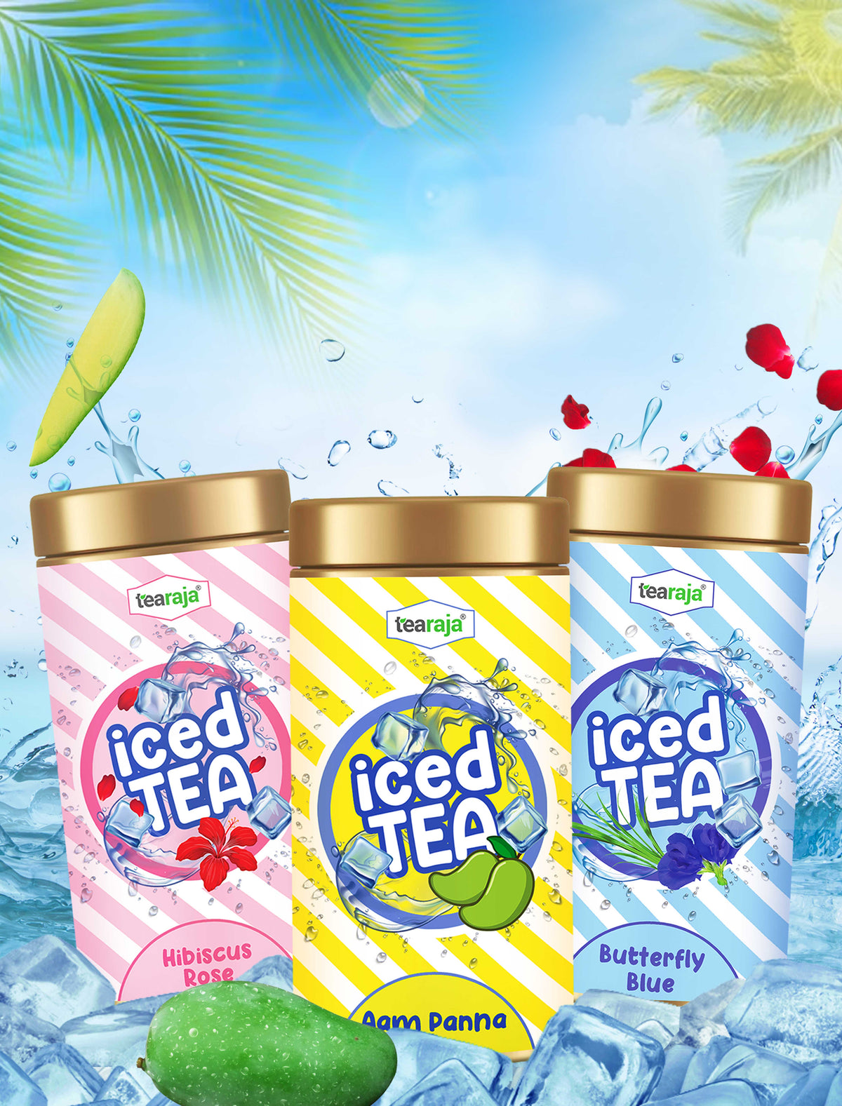 Tearaja Iced Tea Collection – Vibrant Summer Flavours including Hibiscus Rose, Aam Panna, and Butterfly Blue, Refreshing Loose Leaf Teas Packed in Premium Tins Surrounded by Ice, Ideal for Cool Summer Sips