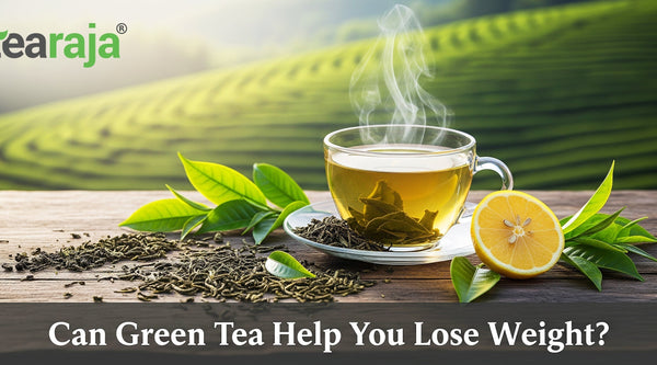 👉 “Flat lay of a steaming cup of green tea with loose leaves, lemon slice, and tea plantation background for blog about green tea and weight loss”