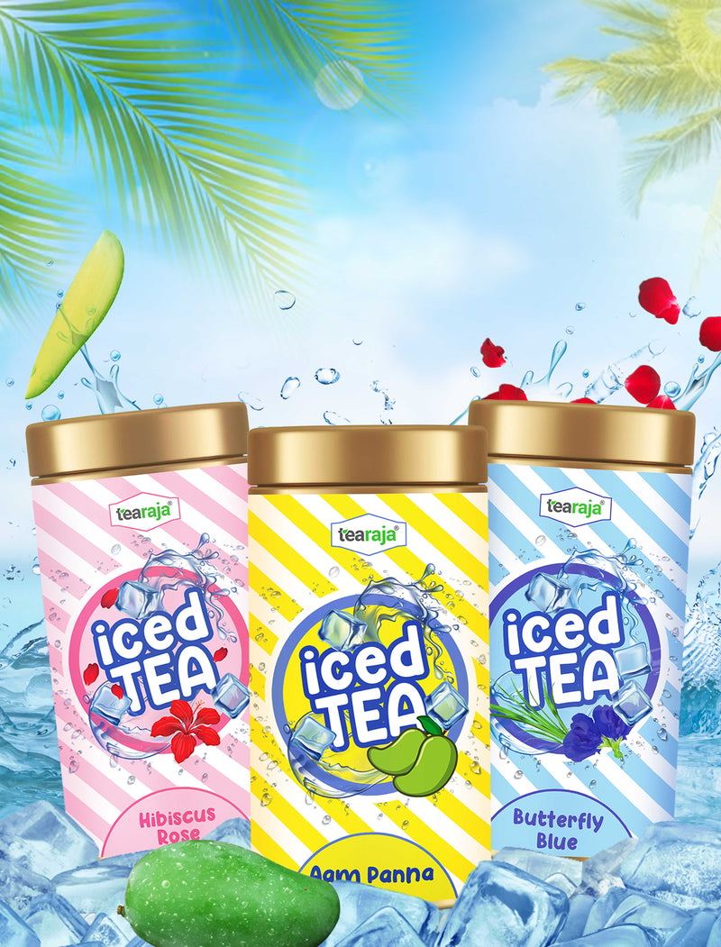Tearaja Iced Tea Collection – Vibrant Summer Flavours including Hibiscus Rose, Aam Panna, and Butterfly Blue, Refreshing Loose Leaf Teas Packed in Premium Tins Surrounded by Ice, Ideal for Cool Summer Sips
