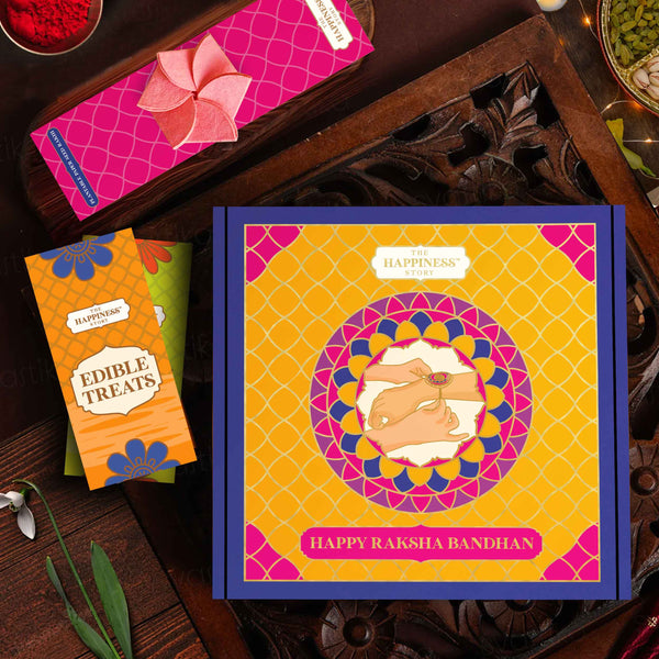 Designed raksha bandhan gift box closed box view . hamper  with plantable rakhi  and 3 combo items  suitable for all recipients for rakhi gifting  