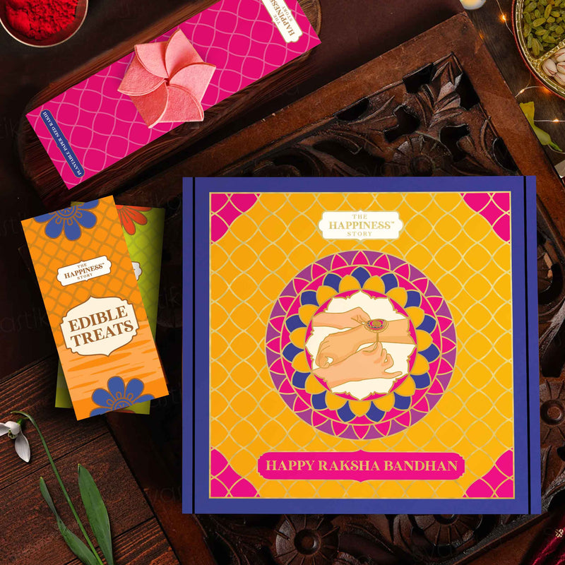 Designed raksha bandhan gift box closed box view . hamper  with plantable rakhi  and 3 combo items  suitable for all recipients for rakhi gifting  