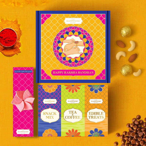 Colorful Raksha Bandhan gift set with snacks, tea, coffee, plantable rakhi and edible treats on a yellow background.